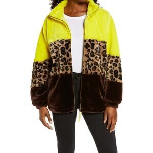 UGG Elaina Faux Fur Bomber Jacket Leopard Yellow Brown Size S